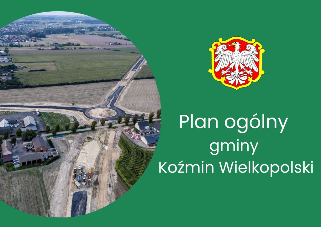Zielone tło, zdjęcie panoramy miasta i herb KOźmina Wlkp.
